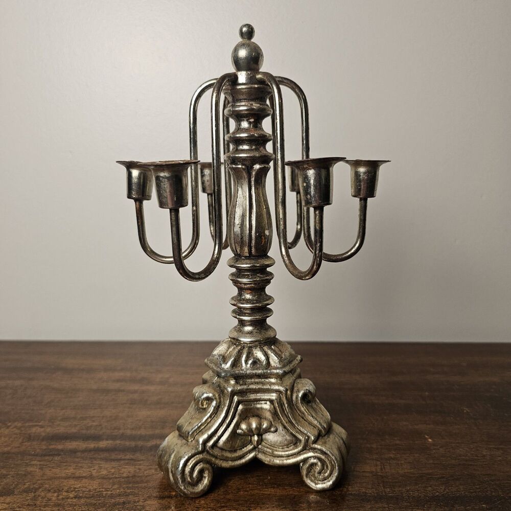 Vintage 6-Arm Silver Tone Tabletop Candelabra 1960s–70s Baroque Regency